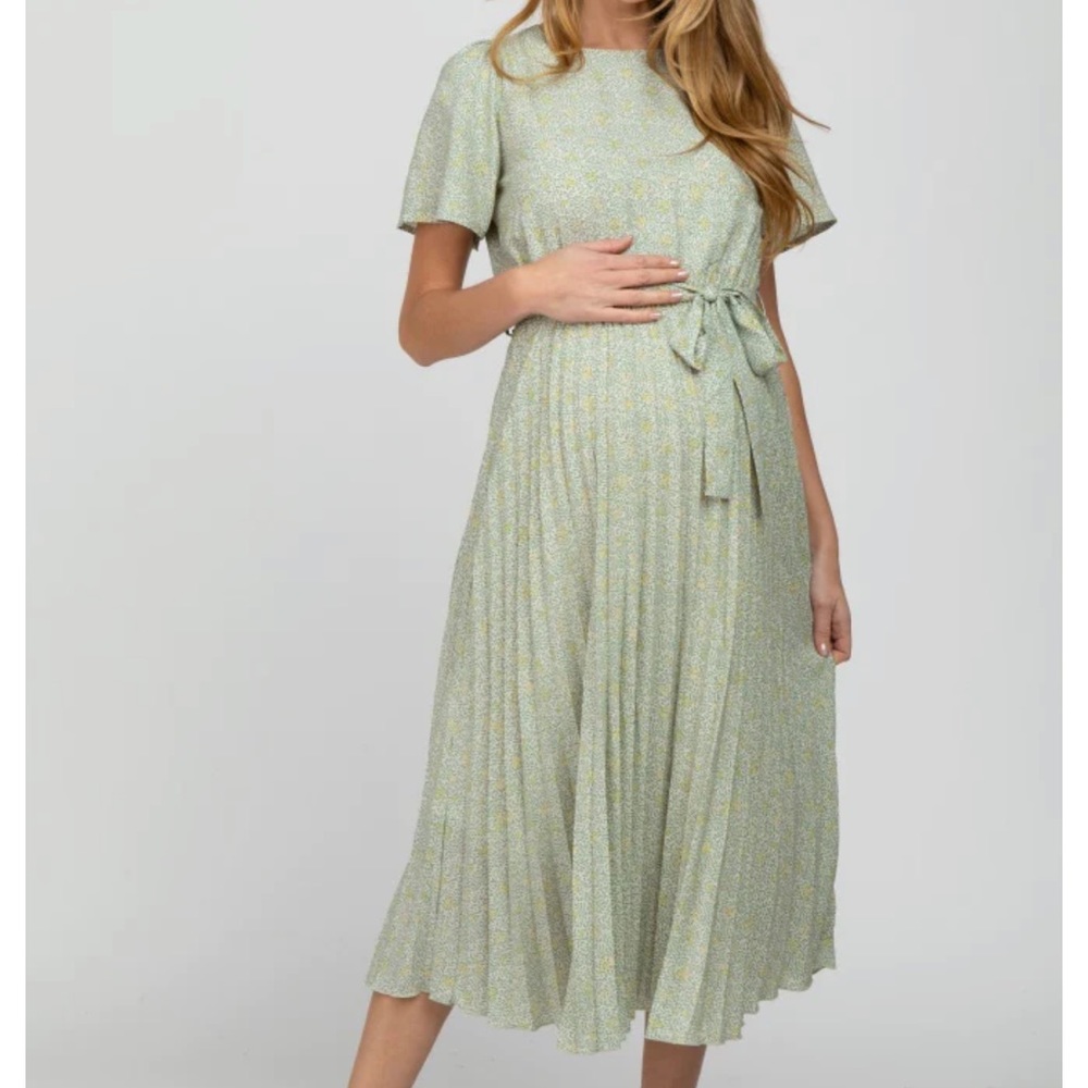 Pink blush Mint Green Floral Pleated Maternity Midi Dress